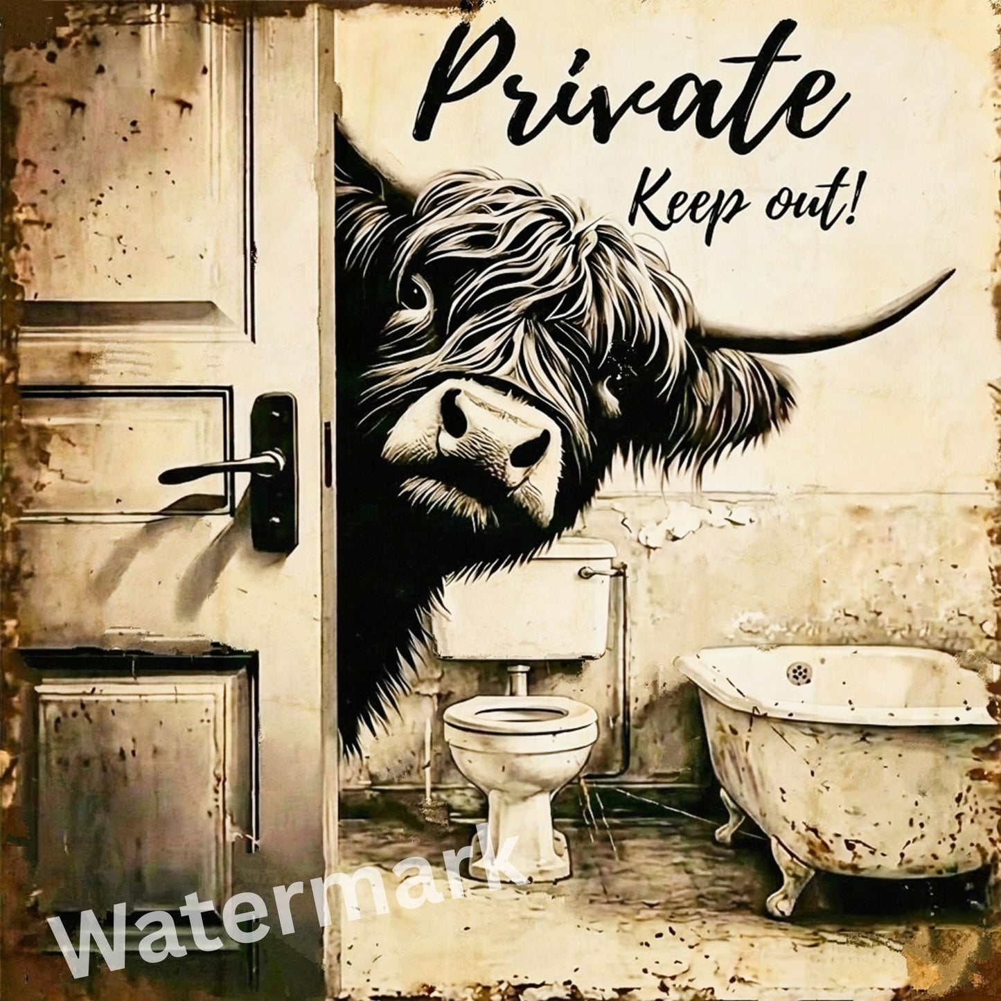 Rustic bathroom with a highland cow head on a door, text 'Private Keep out!', and watermarked text.