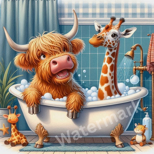Cow and Giraffe Sharing a Bath Wall Art – Funny Bathroom Print, Quirky Home Decor