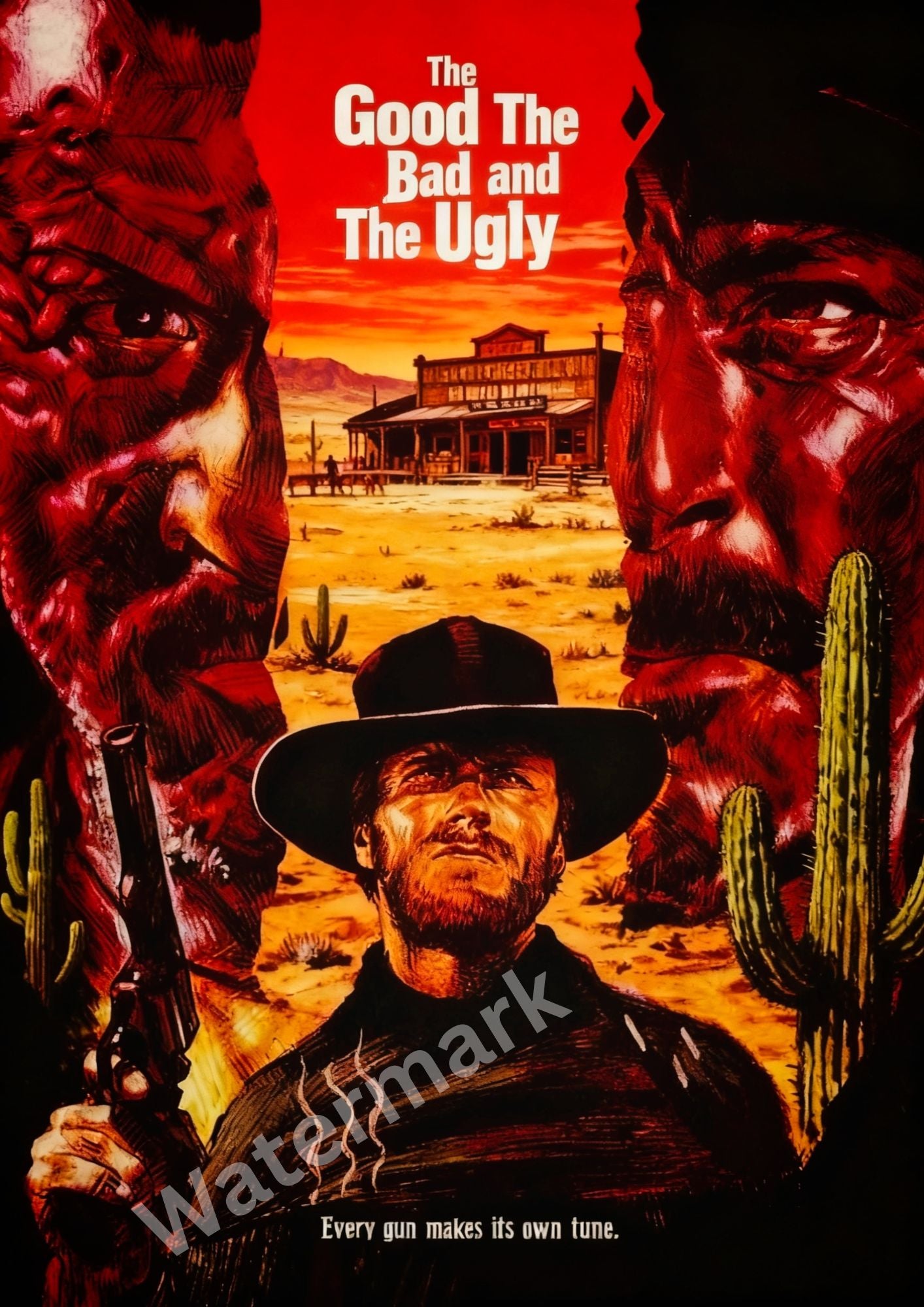 Movie poster for 'The Good, The Bad and The Ugly' with a desert scene and characters holding guns.
