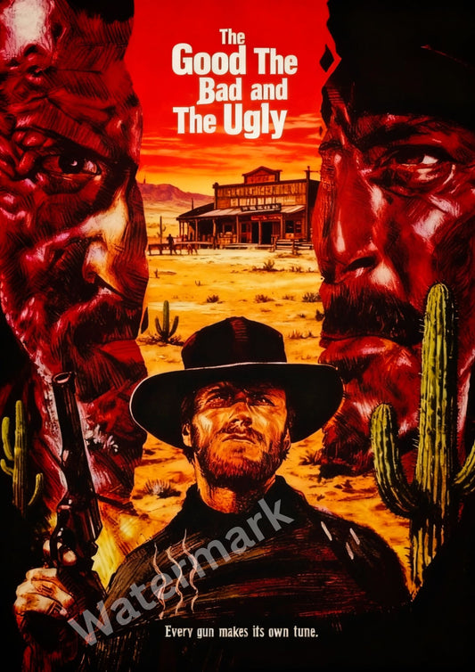 Movie poster for 'The Good, The Bad and The Ugly' with a desert scene and characters holding guns.
