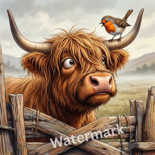 Quirky Highland Cow Print with Robin - Colorful Modern Cow Wall Art - Fun Animal Illustration | Scottish Wildlife Poster