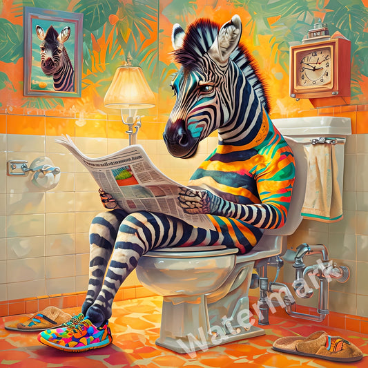 Funny Zebra Bathroom Print - Colorful Safari Restroom Art - Eclectic Animal Toilet Poster