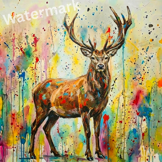 Colorful abstract painting of a deer with splashes of paint in the background