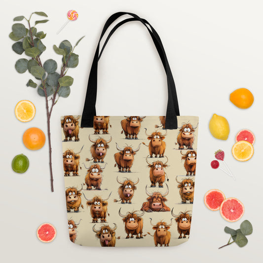 Tote bag with cartoon bull pattern surrounded by fruits and a plant on a light background