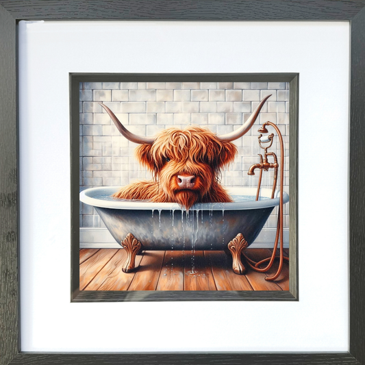 Highland Cow Bath Tub Wall Art – Cute Funny Cow Bathroom Print, Farmhouse Bathroom Decor