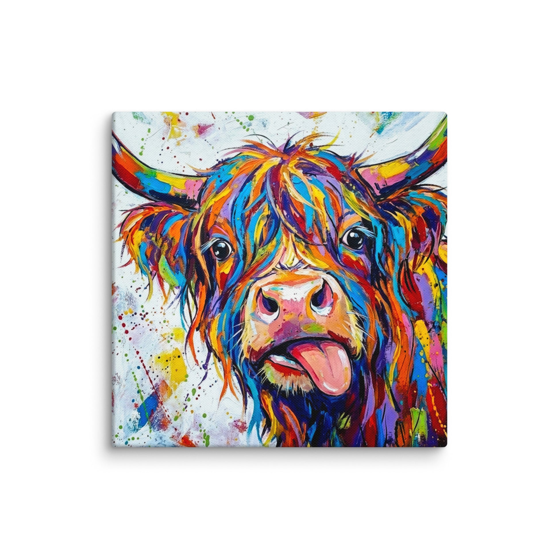 Colorful painting of a highland cow on a white background