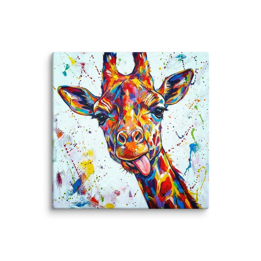 Colorful painting of a giraffe on a white background