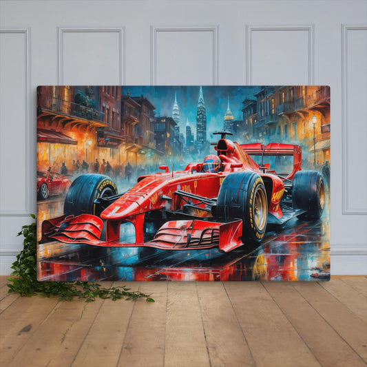 Red Formula 1 car on a city street with a large painting of it on the wall.