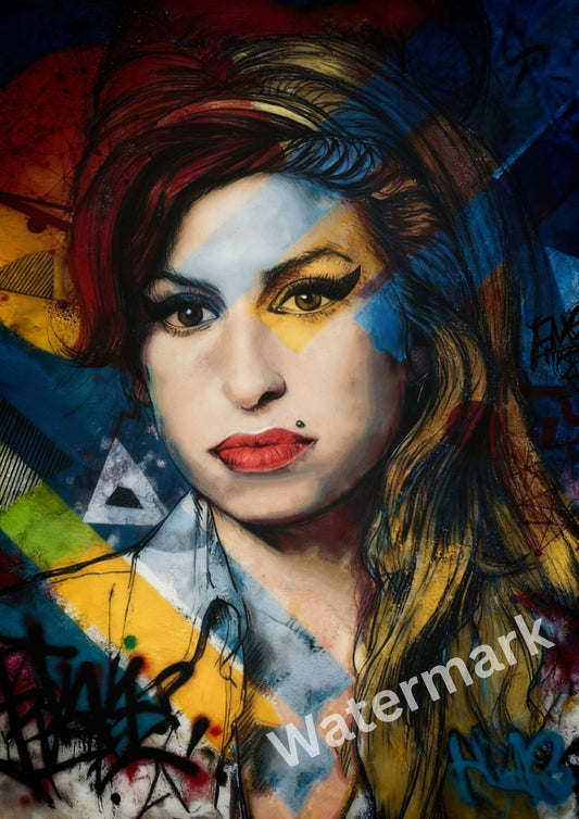 Colorful abstract portrait with a woman's face, featuring bold colors and artistic brushstrokes.