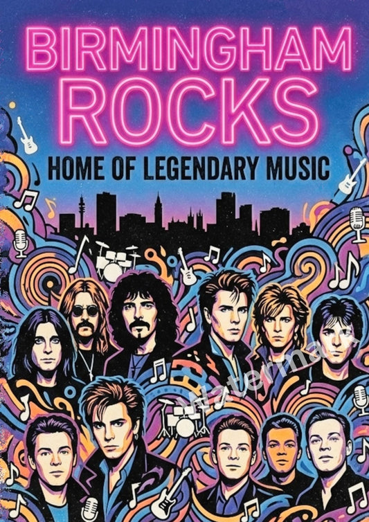 Promotional poster for 'Birmingham Rocks' featuring a city skyline and rock musicians.