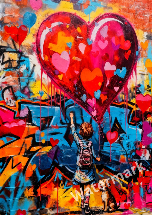 Colorful graffiti wall with a heart and person looking up at it