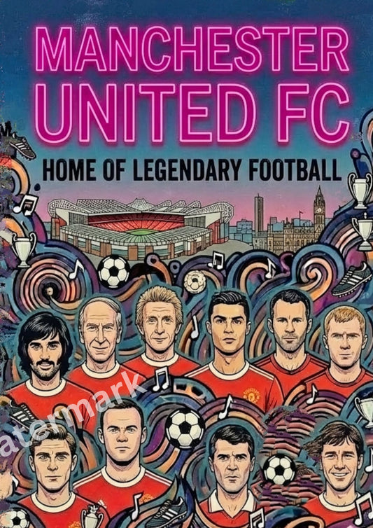 Manchester United FC poster with team players and stadium illustration, featuring pink text.