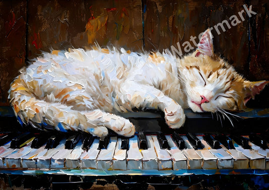 Sleeping Cat on Piano Art Print - Classical Music & Feline Wall Decor