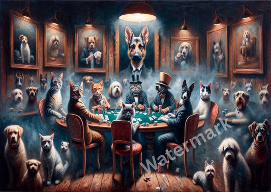 Illustration of animals, including dogs and cats, playing poker in a room with framed pictures on the wall.
