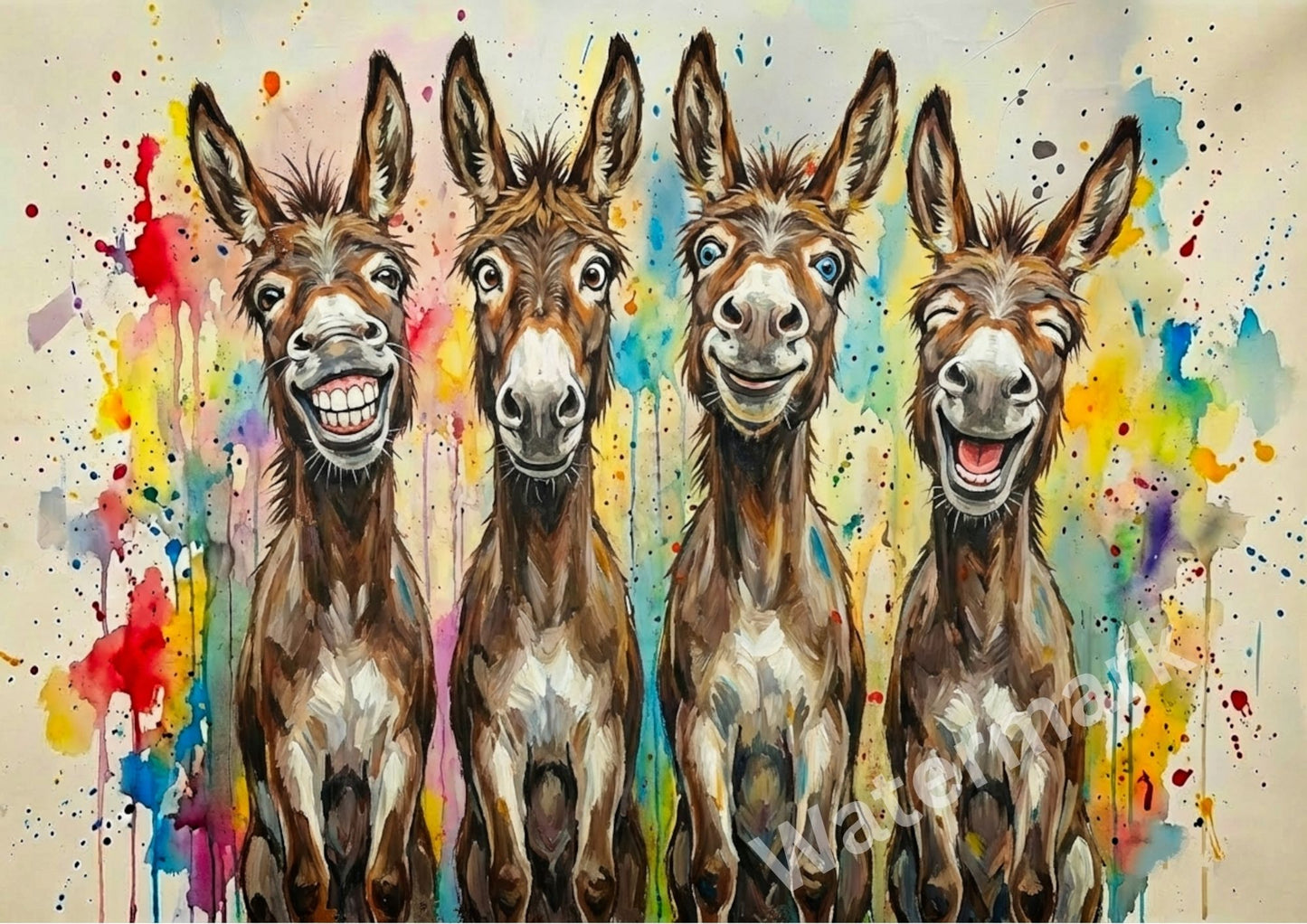 Four donkeys with expressive faces on a colorful abstract background