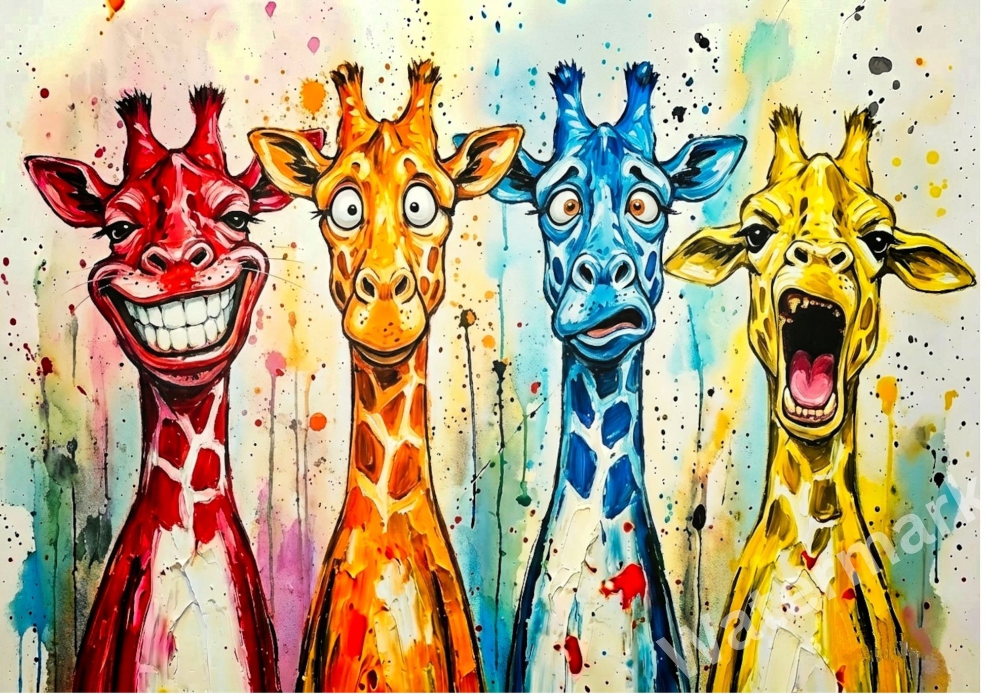 Four colorful giraffes with expressive faces on a multicolored background