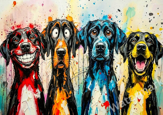 Colorful abstract painting of four dogs with a splatter background