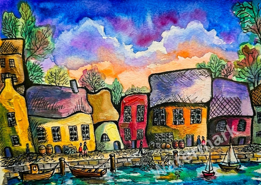 Colorful painting of a village with houses, boats, and people by a waterfront.