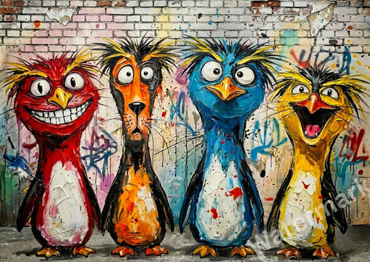 Four colorful cartoon penguins against a graffiti-covered brick wall.