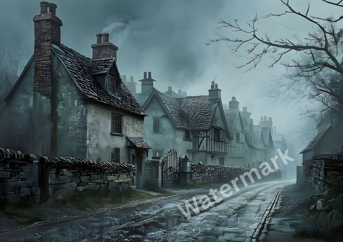 Vintage village street with old houses on a foggy day, featuring a watermark.