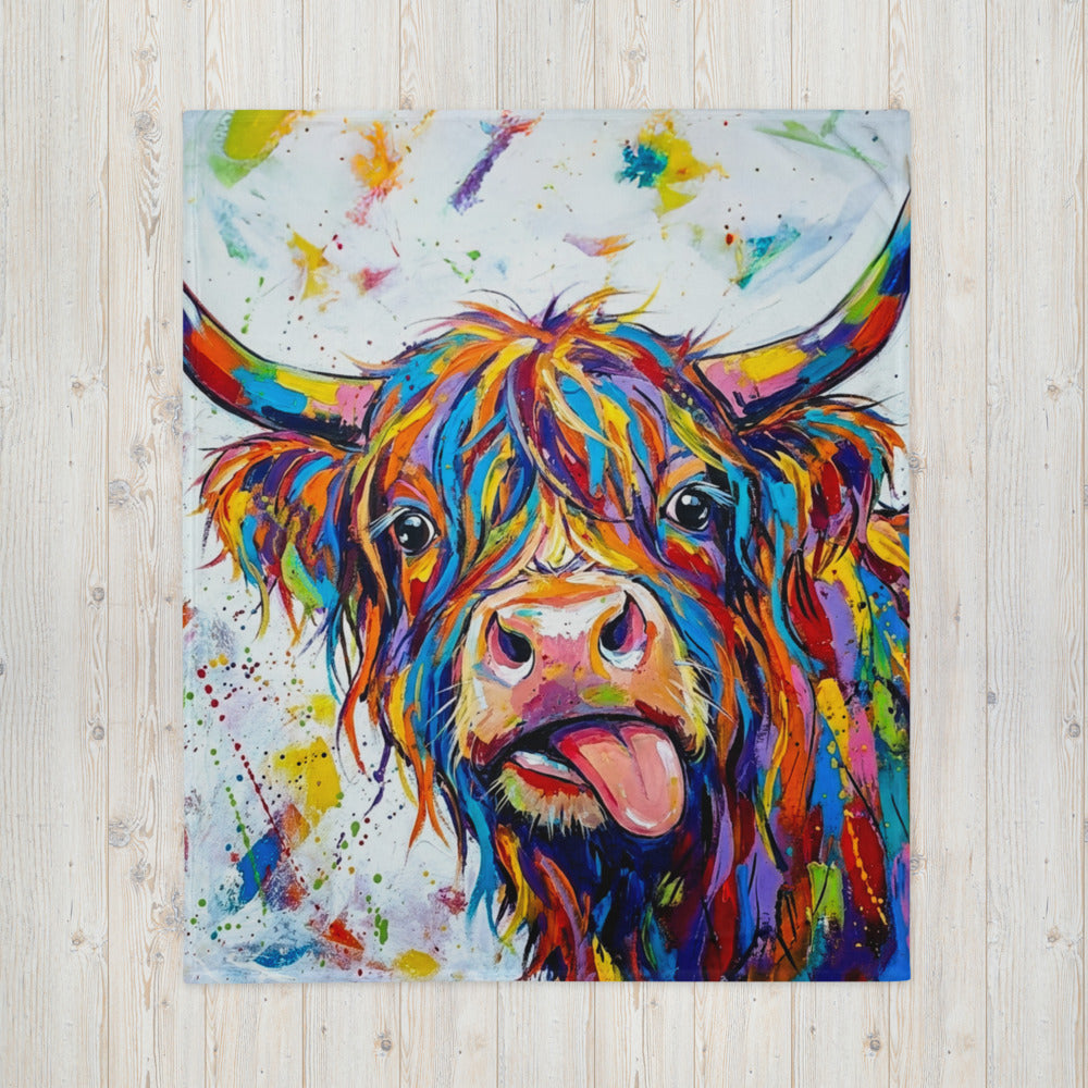 Abstract multicolour Highland cow throw blanket