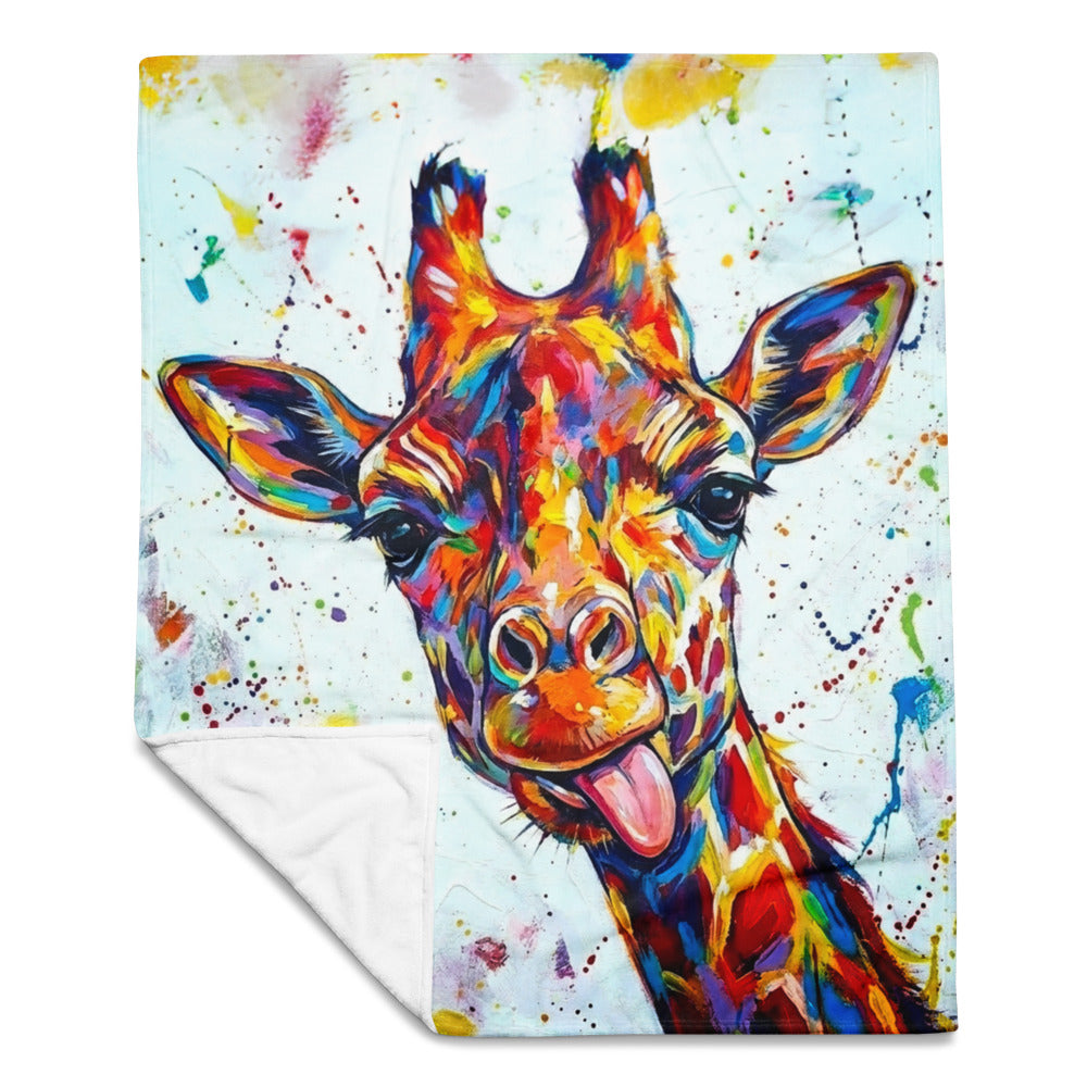 Colorful abstract giraffe painting on a blanket with white border