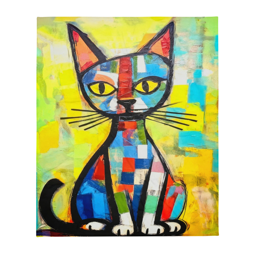 Colorful abstract painting of a cat on a yellow background