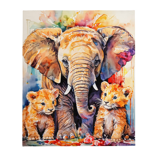 Colorful throw blanket of an elephant and two cubs with a watercolor background