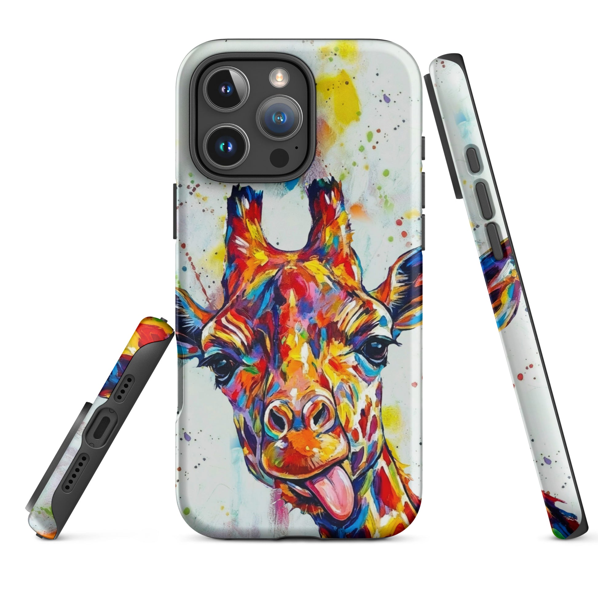 Phone case with a colorful giraffe design on a white background