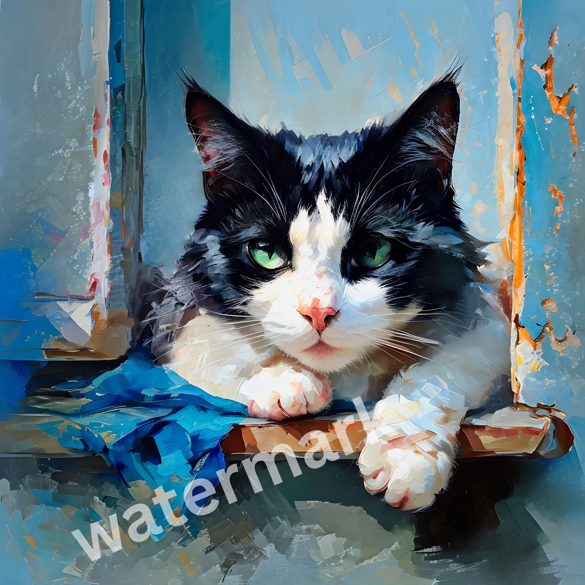 Painting of a black and white cat with green eyes on a textured surface